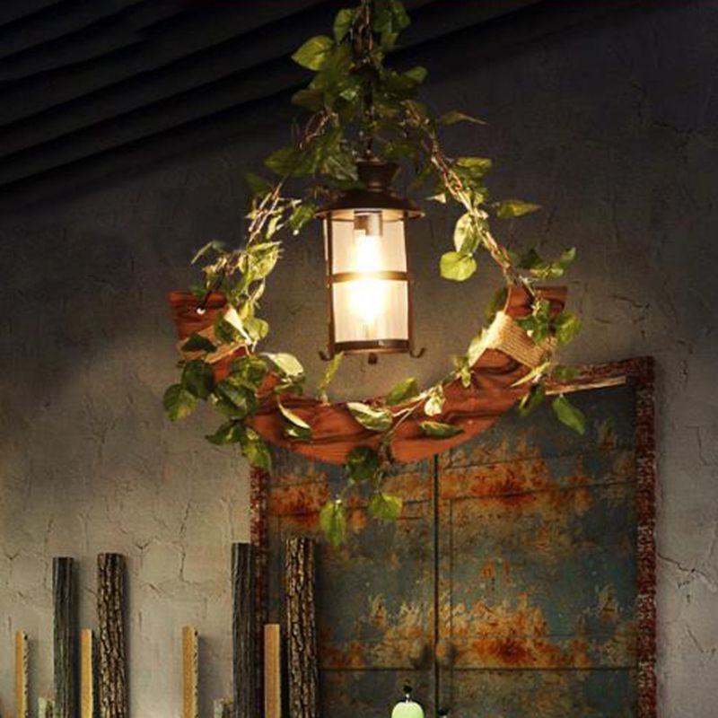 Vintage Lantern Suspension Lamp 1 Head Metal LED Pendant Light in Pink/Green with Plant/Cherry Blossom for Restaurant