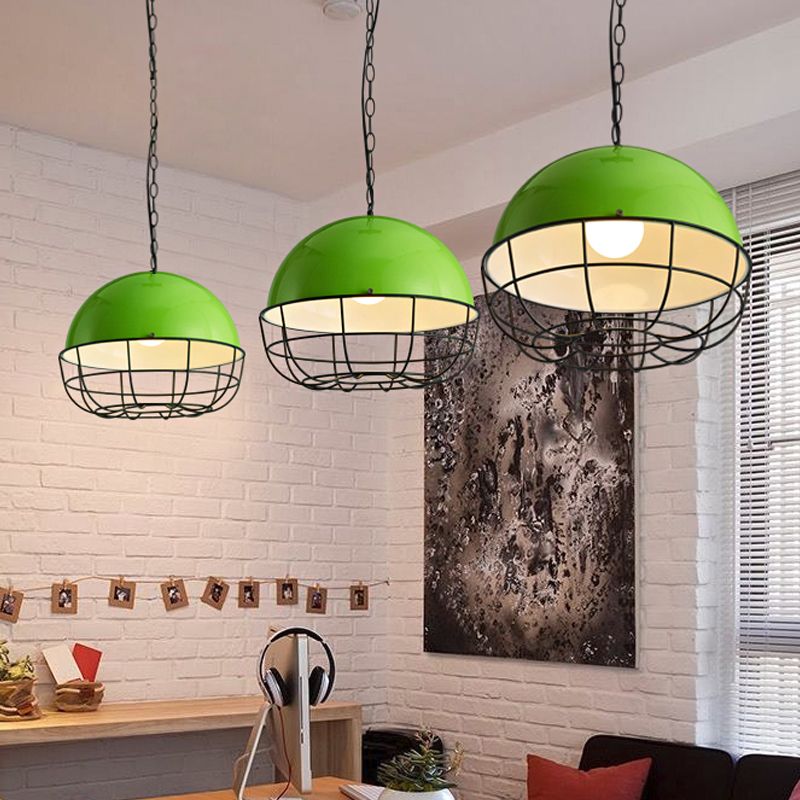 Warehouse Dome Drop Pendant 1 Head Iron Ceiling Lighting Fixture in Green with Cage for Dining Room