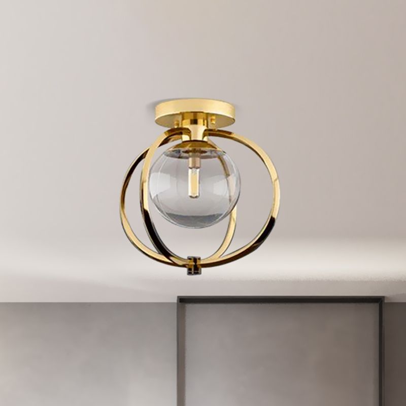 1 Glühbirnenschlafzimmer Deckenleuchte moderne Goldmetall -Halbflush -Halterung mit Globe Clear Glass Shade