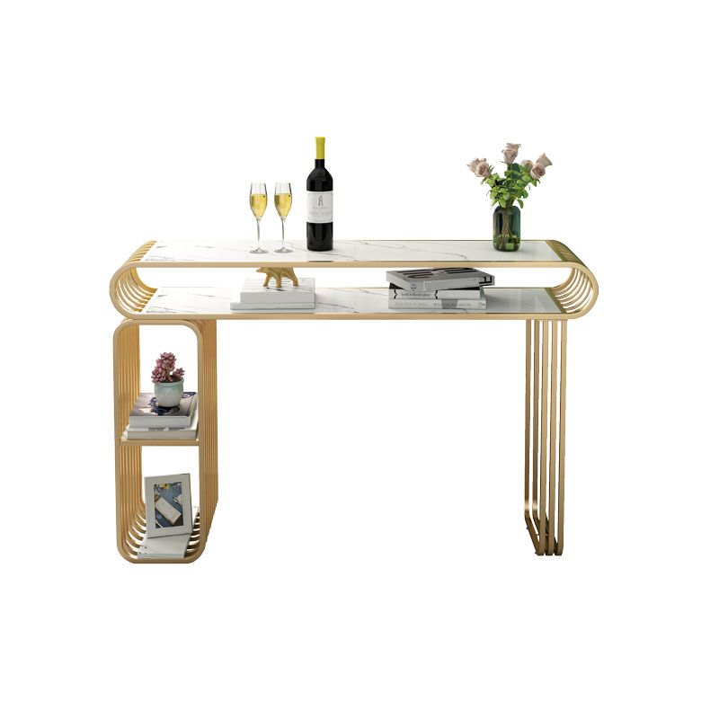 Glam Wood Pub Table with Rectangle Table Top Gold Double Pedestal Table - 42" H