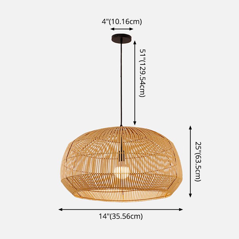 Round Pendant Lighting Fixture Asian Style 1-Bulb Wood Suspension Light for Balcony