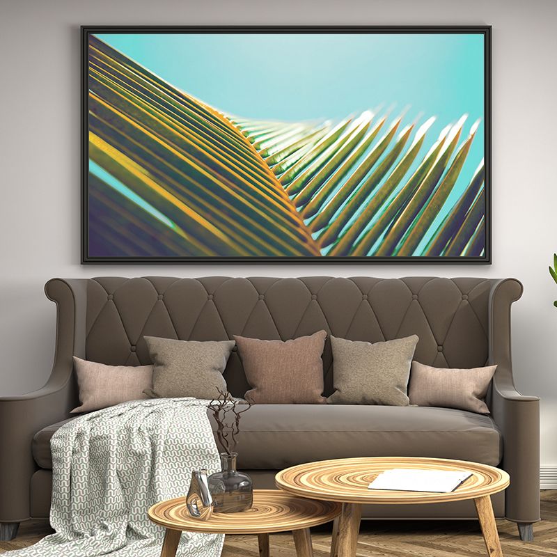 Coconut Branch Wall Art Tropical Beautiful Palm Leaf Canvas Print in Green on Blue