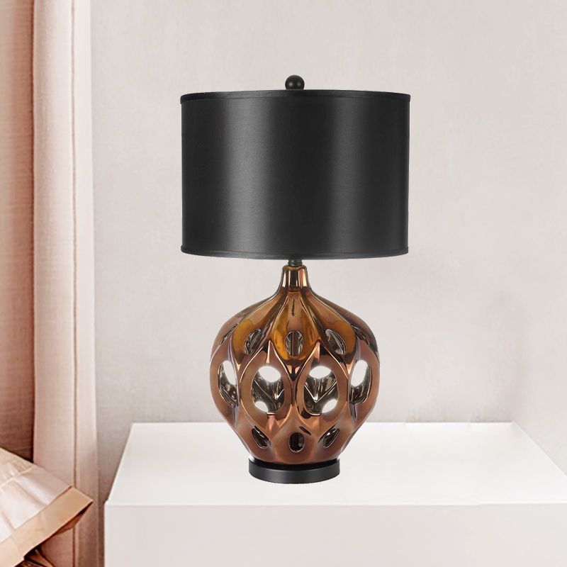 Ceramic Hollowed Out Jar Nightstand Lamp Retro 1-Bulb Bedroom Table Lighting in Gold/Rose Gold with Black Drum Shade