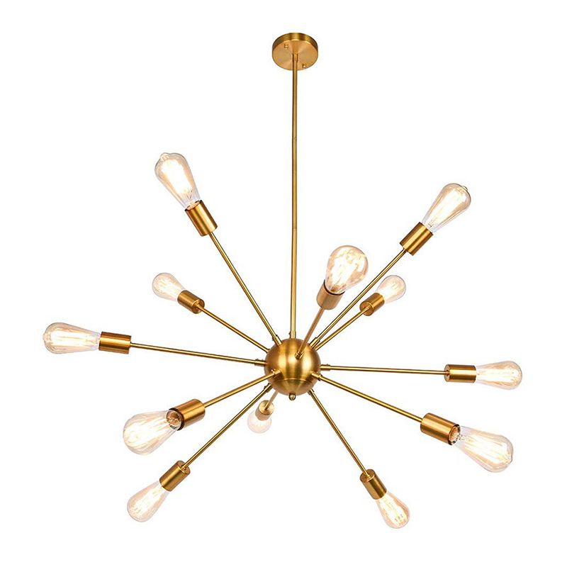 Golden Metal Burst Shaped Chandelier Light Open Bulb Industrial Style Coffee Shop Pendant with 4 x 9.8" Hanging Rods