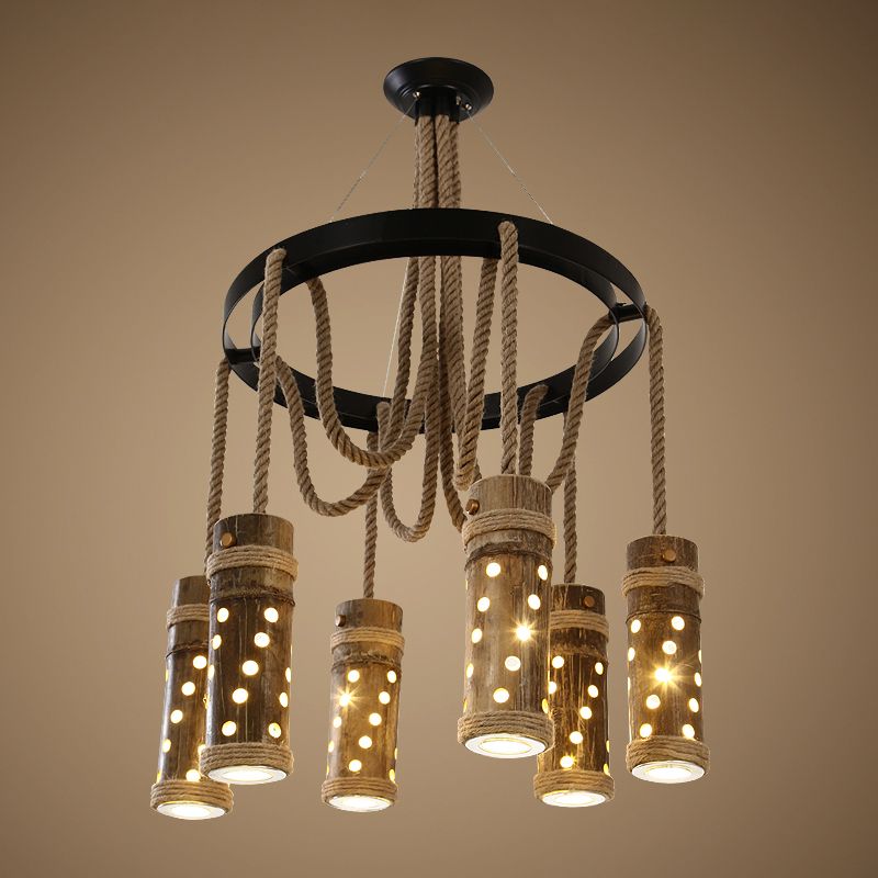 Black Cutout Tube Chandelier Light Industrial Bamboo 6 Bulbs Living Room Drop Lamp with Rope