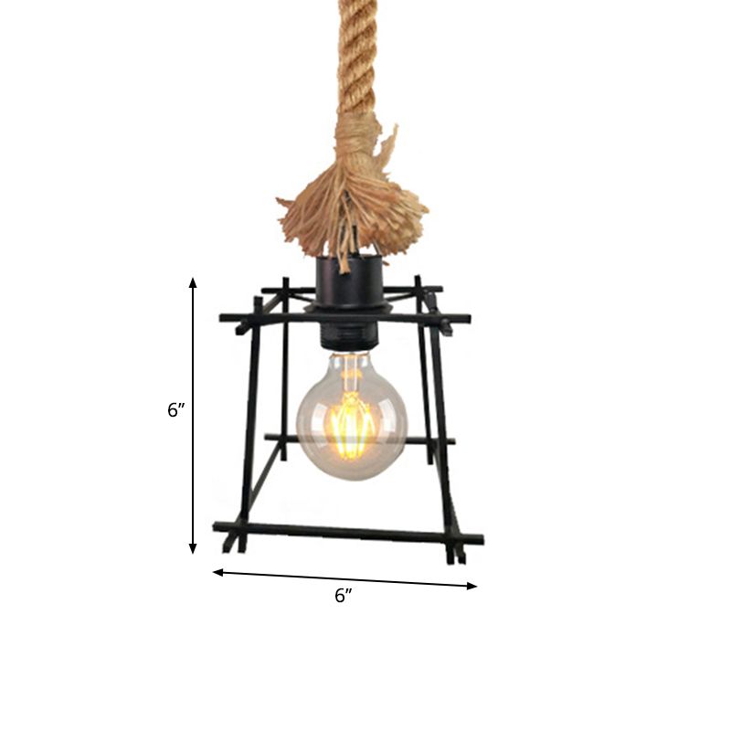 Metal Trapezoid Cage Ceiling Light Retro Style 1 Bulb Black Pendant Lamp with Adjustable Rope for Living Room