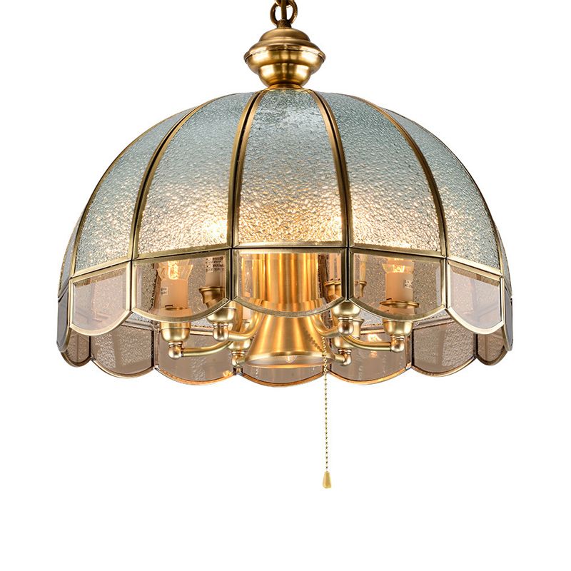 Hemispheer Studiezaal Kroonluchter verlichting Vintage Ripple Glass Gold hanglamp met trekketting met geschulpte rand