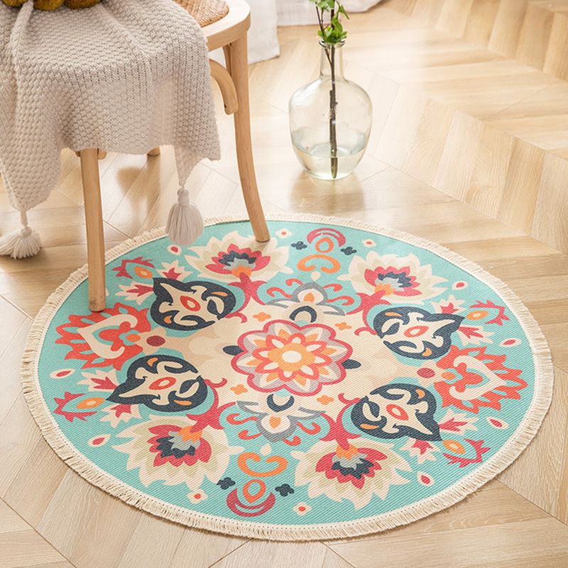 Round Floral Print Carpet Moroccan Cotton Blend Rug Fringe Indoor Carpet for Living Room