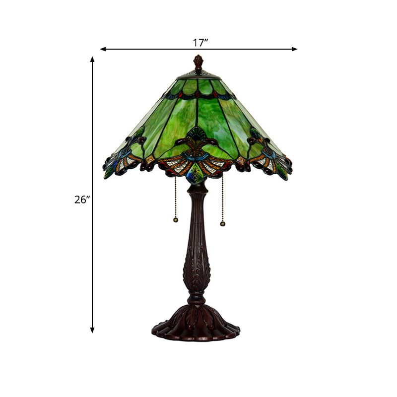 Emerald Green Glass Bronze Table Lamp Swan-Edge Conical 2-Bulb Baroque Style Nightstand Light