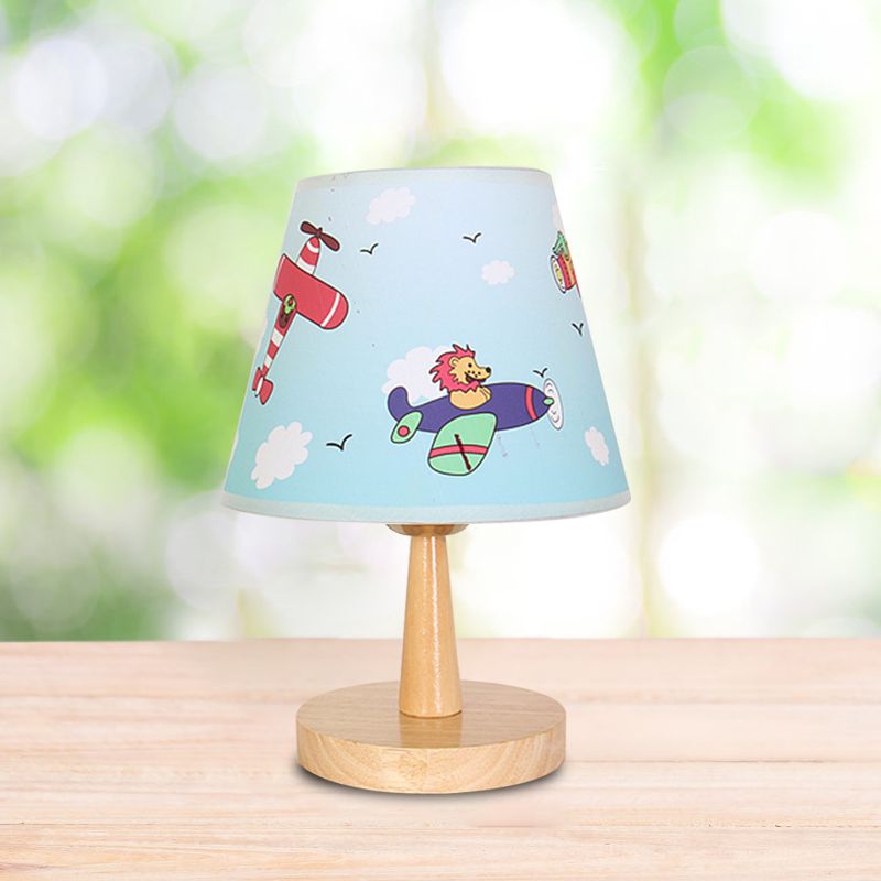 Fabric Conical Table Lamp Cartoon 1 Head Wood Nightstand Light with Airplane/Elephant/Bear Pattern for Bedroom