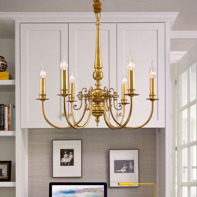 Metal Arched Arm Chandelier Light Fixture Colonialist 6 Lights Living Room Ceiling Pendant in Gold