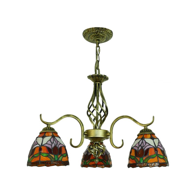 Dome Restaurant Hanging Lamp with Flower Stained Glass 3 Lights Tiffany Rustic Chandelier in Orange