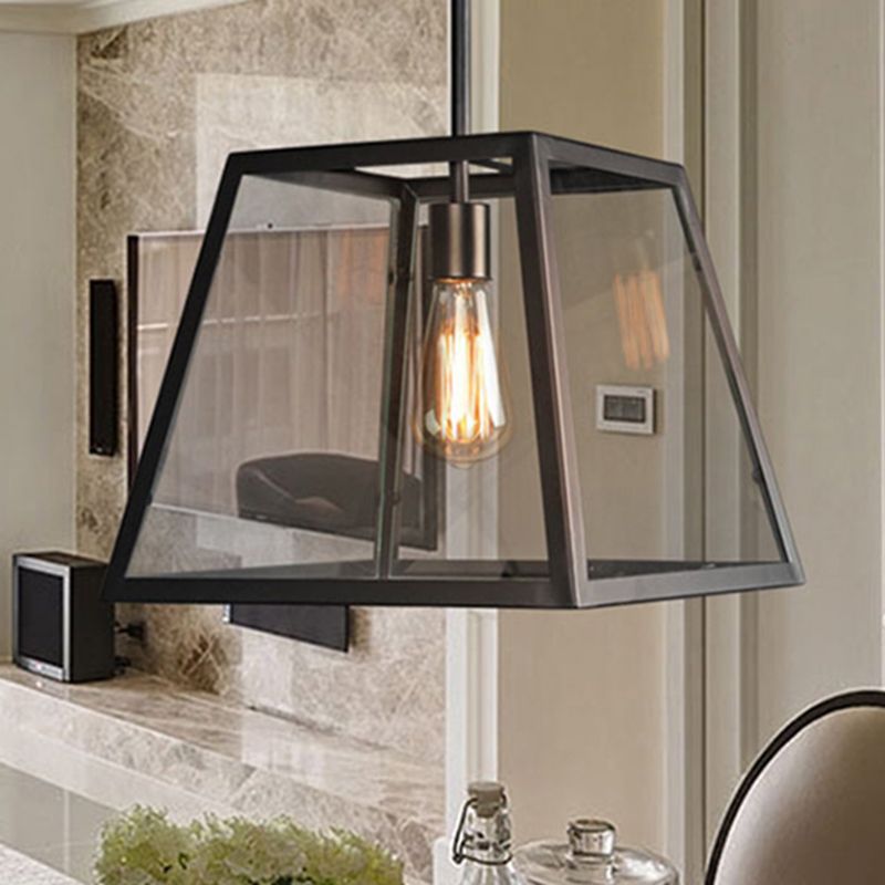 Metaal en glas trapezoid hanglamp traditionele 1-licht eettafel suspensielamp in zwart