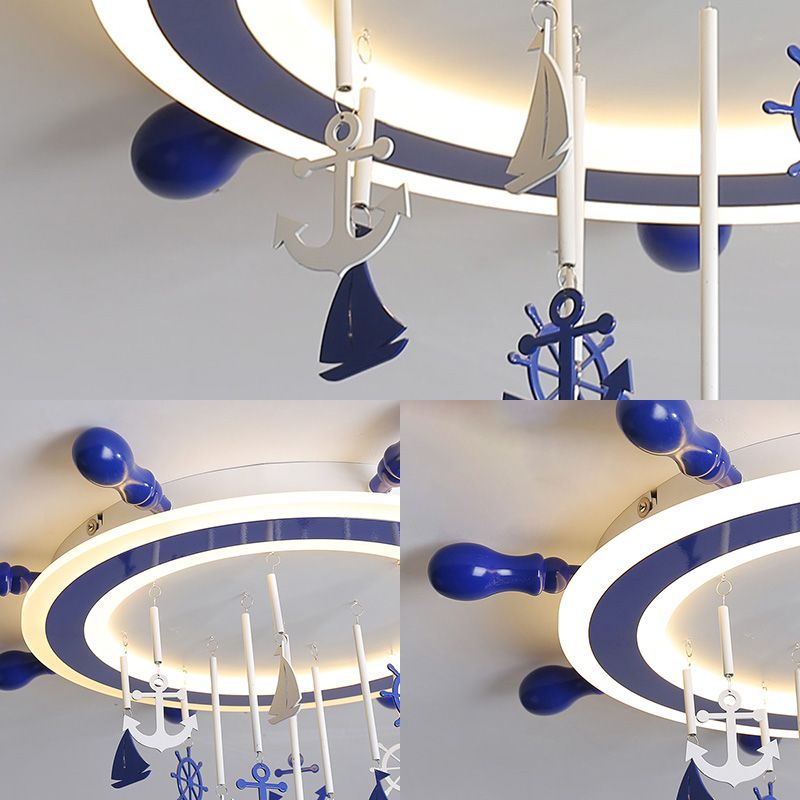 Lámpara de fregadero de timón náutico acrílico LED habitación infantil lámpara de techo incorporada azul, decorada con ancla, cálida / blanca