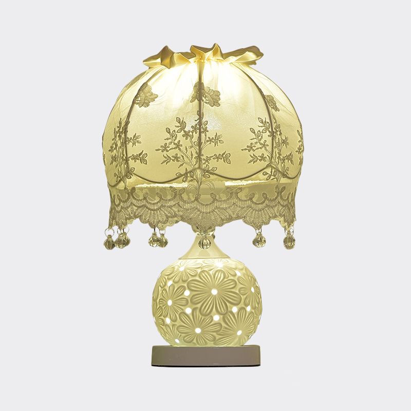 Pastoral Dome Fabric Night Light 1 Head Table Lighting in White with Lace Trim and Ceramic Base