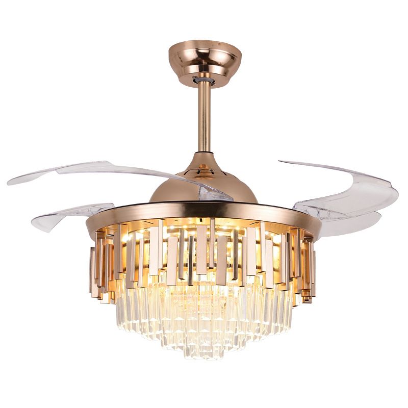 4 Blades Multi-Tiered Tapered Ceiling Fan Lighting Modern Crystal Prism Rose Gold LED Semi Flush Mount, 42" Wide