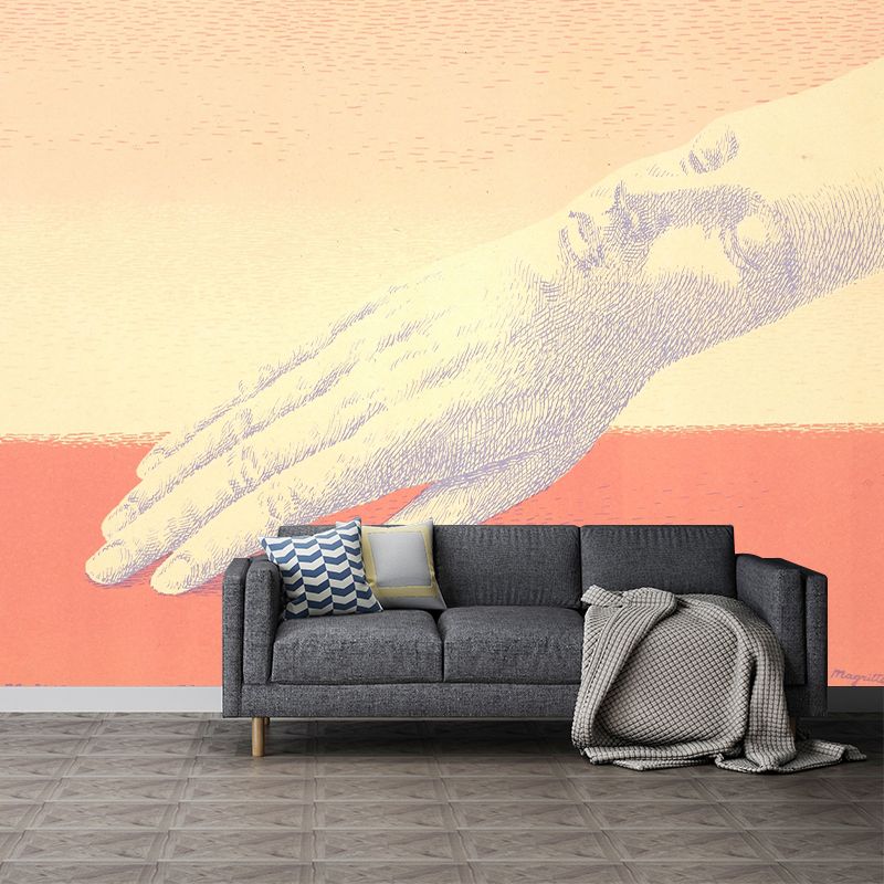 Surrealistic Wrist Face Mural Wallpaper in Orange-Yellow Moisture Resistant Wall Art for Bedroom