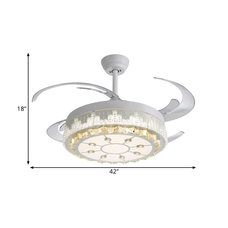 4 Blades LED Pendant Fan Lamp Contemporary Circular Clear Crystal Blocks Semi Flush Mount, 19" Width