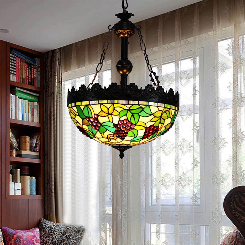 Green 3 Lights Chandelier Lighting Fixture Tiffany Stained Glass Grape Hanging Pendant for Living Room