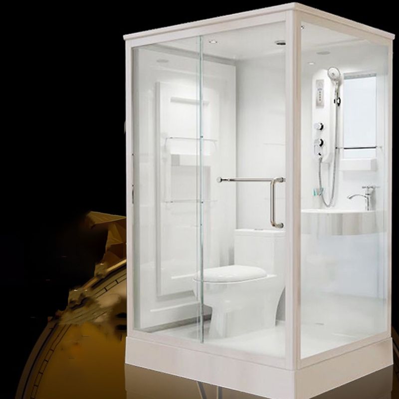 White Framed Frosted Rectangle Shower Stall with Base and Fixed Panel