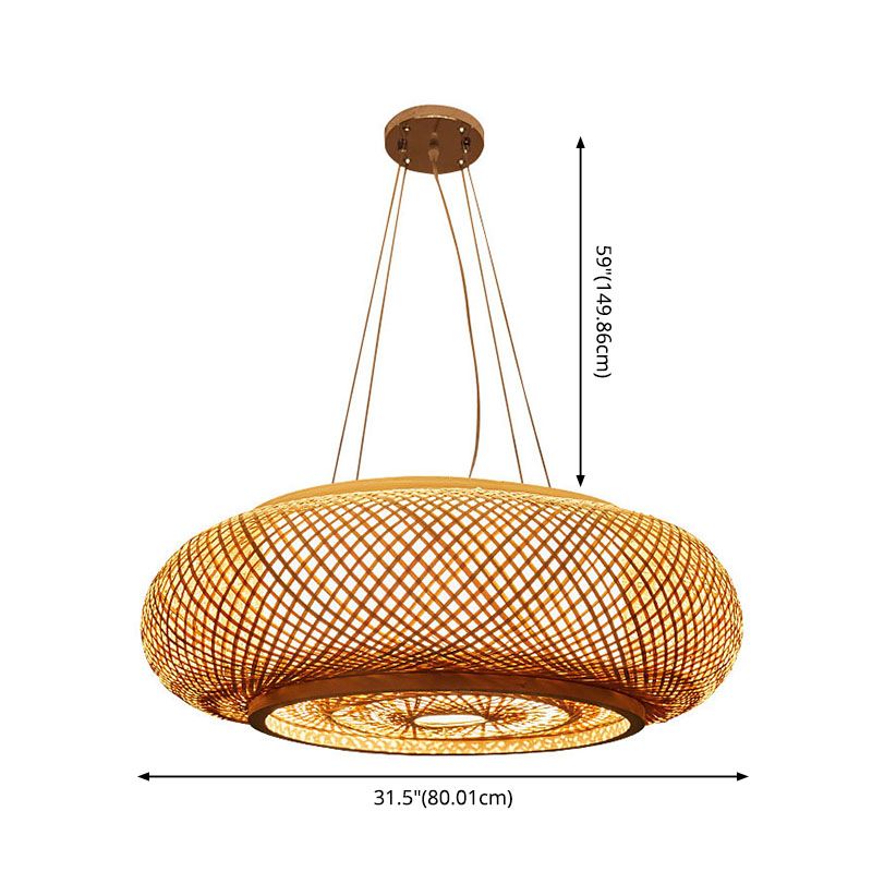 Bamboo Weaving Round Hanging Lamp Chinese Wooden Suspension Lighting Fixture for Bedroom