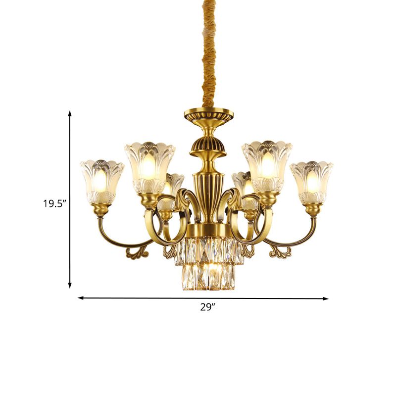 Mid-Century Floral Shade Pendant Chandelier 9-Head Prismatic Optical Crystal Pendulum Light in Brass