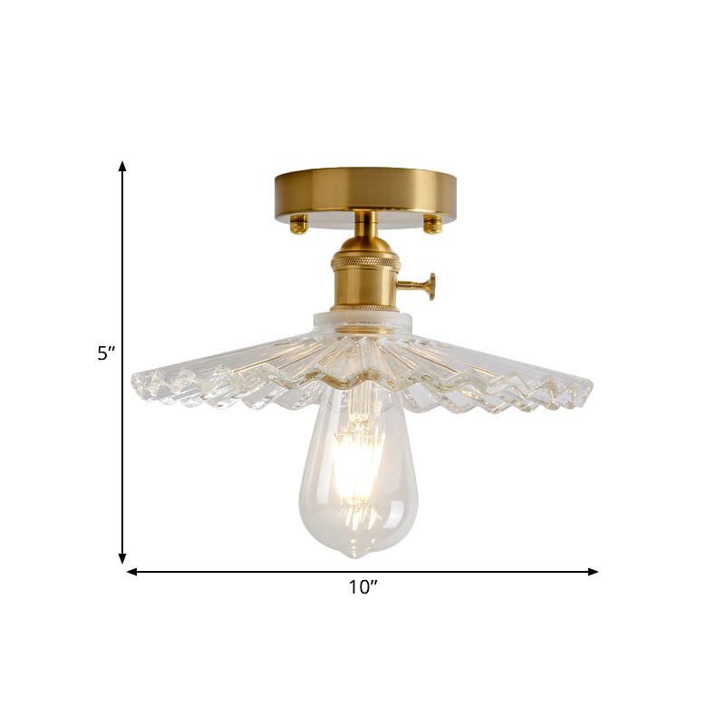 1 Light Ceiling Light with Dome/Barn/Flower Shade Amber/Clear Textured Glass Industrial Living Room Semi Flush in Brass