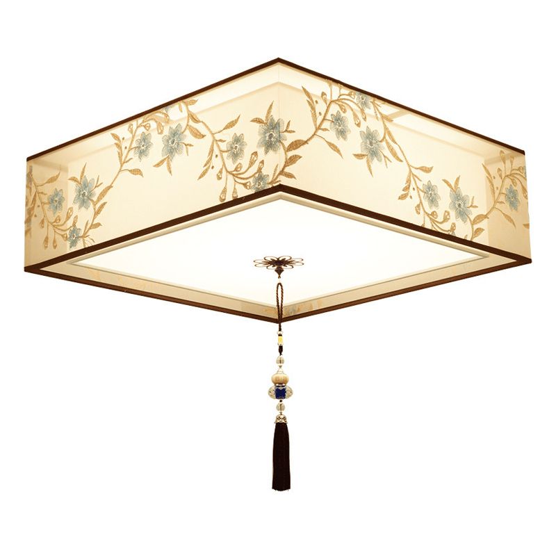 Geometry Shape Ceiling Lamp Tradition Iron Flush Mount with Fabric Lampshade for Hotel