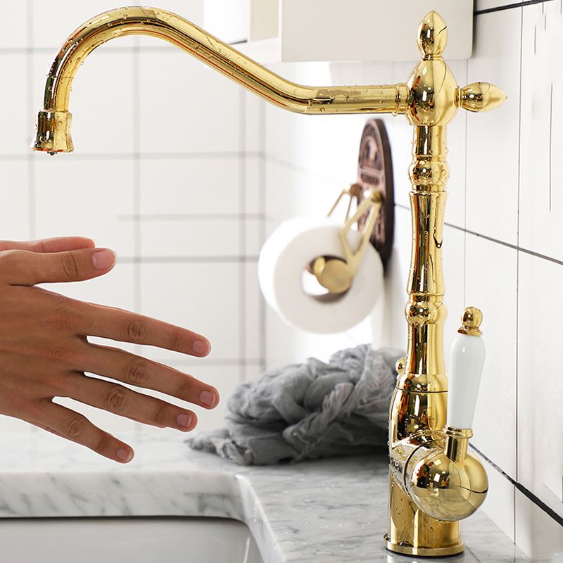 Luxury Centerset Lavatory Faucet Lever Handles Gooseneck Arc Solid Brass Faucet