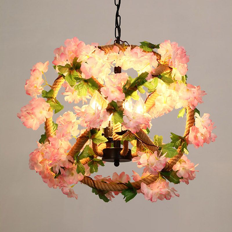 Orb Restaurant Chandelier Pendant Light Industrial Metal 4 Lights Pink LED Flower Suspension Lamp