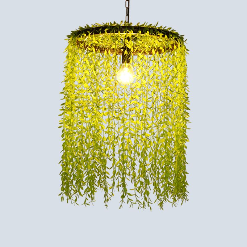 Single-Bulb Pendant Light Antique Cage Iron Hanging Light Fixture with Decorative Plant