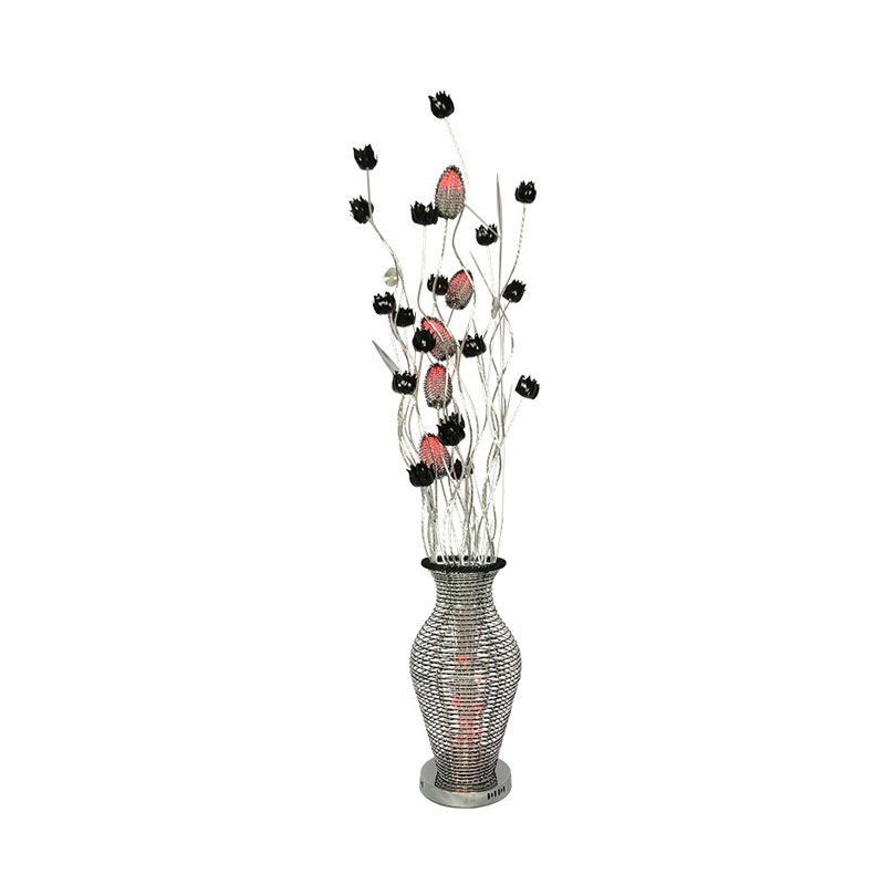 LED Standing Lamp Art Decor Cutout Vase Aluminum Reading Floor Light with Floret Design in Black