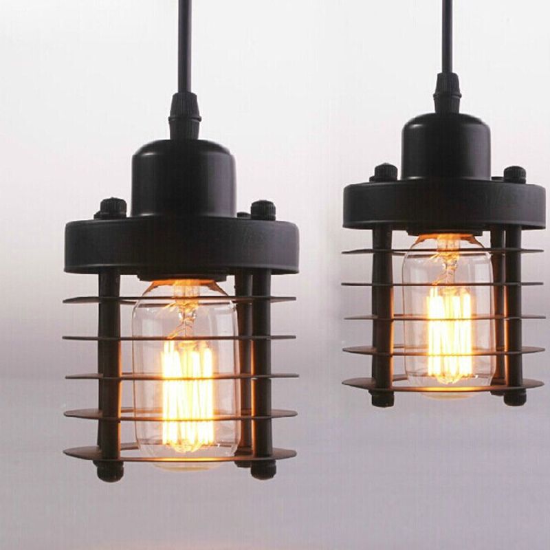 Black Flat Iron Cage Single Bulb Hanging Light Vintage Industrial Style Pendant Lamp