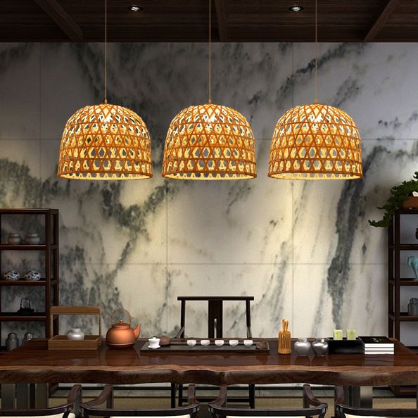 Handwoven Dome Pendant Light Fixture Chinese Bamboo 1 Light Dining Table Ceiling Light in Beige