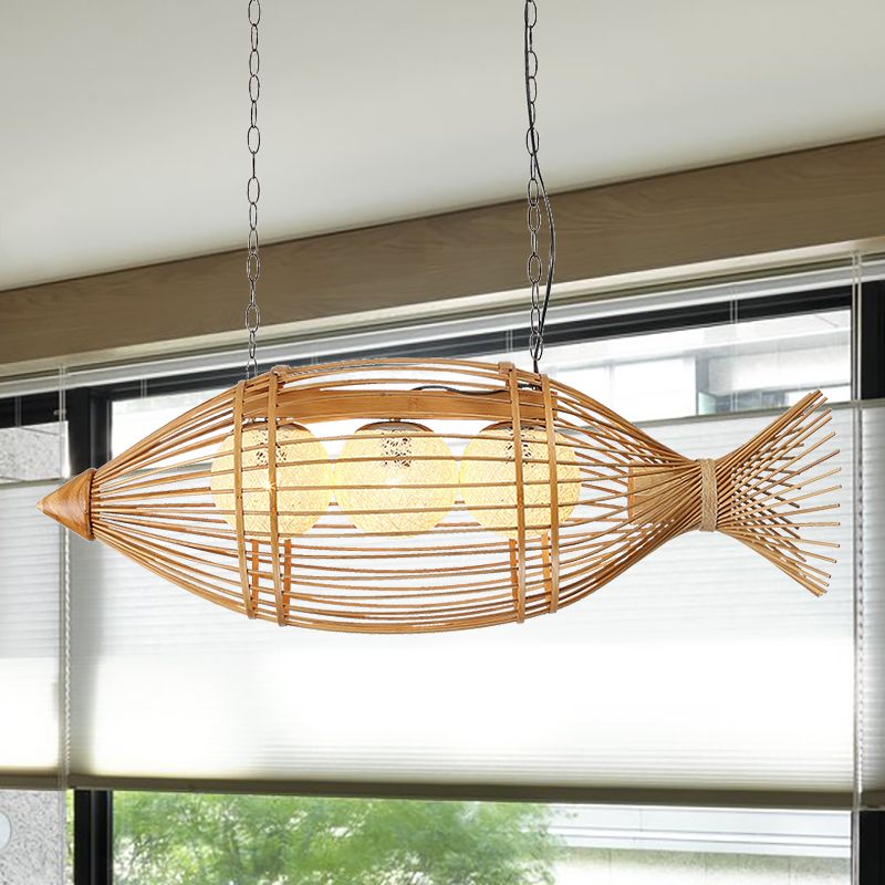 Bamboo Fish Shaped Chandelier Lighting Asian Style 39"/57" W 3 Bulbs Beige Hanging Light with Inner Rattan Ball Shade