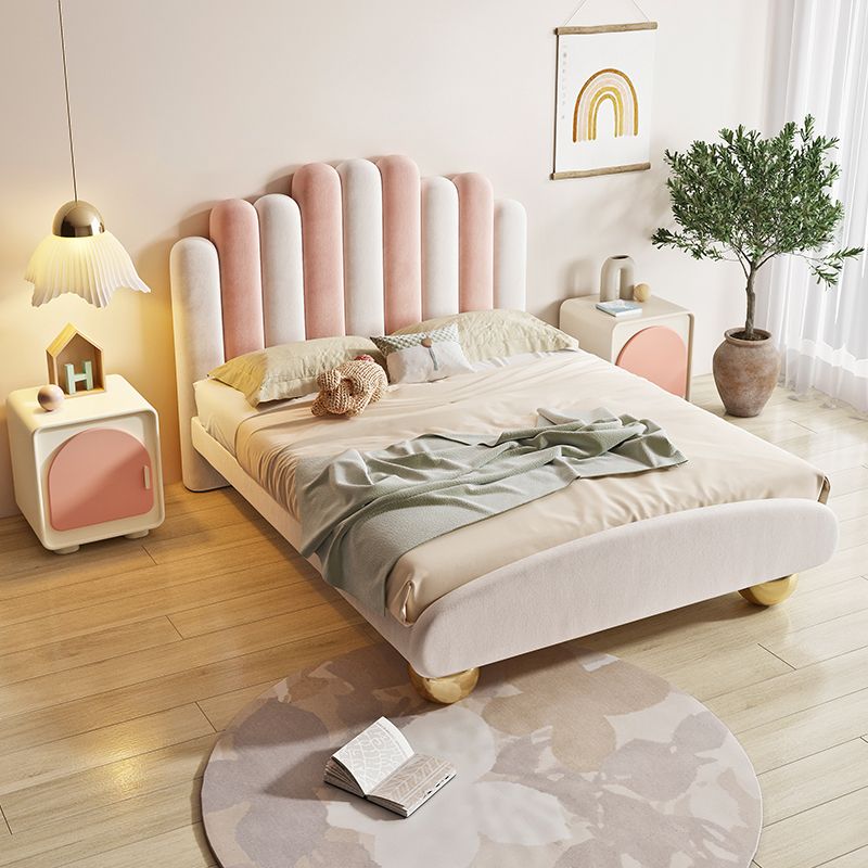 Solid Wood Platform Bed Pink & White Upholstered Standard Bed with Mattress