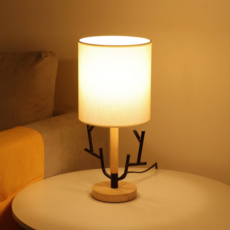 Black Branch Night Table Lamp Modern 1 Head Wood Reading Light for Bedroom with Cylinder Fabric