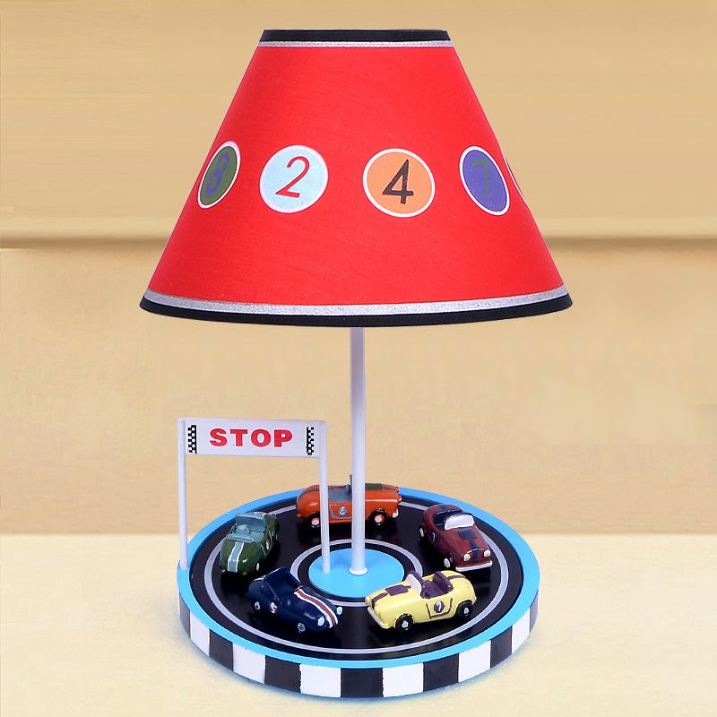 Kids Tapered Fabric Table Light 1-Bulb Nightstand Lighting in Red with Racing Vehicle Decor