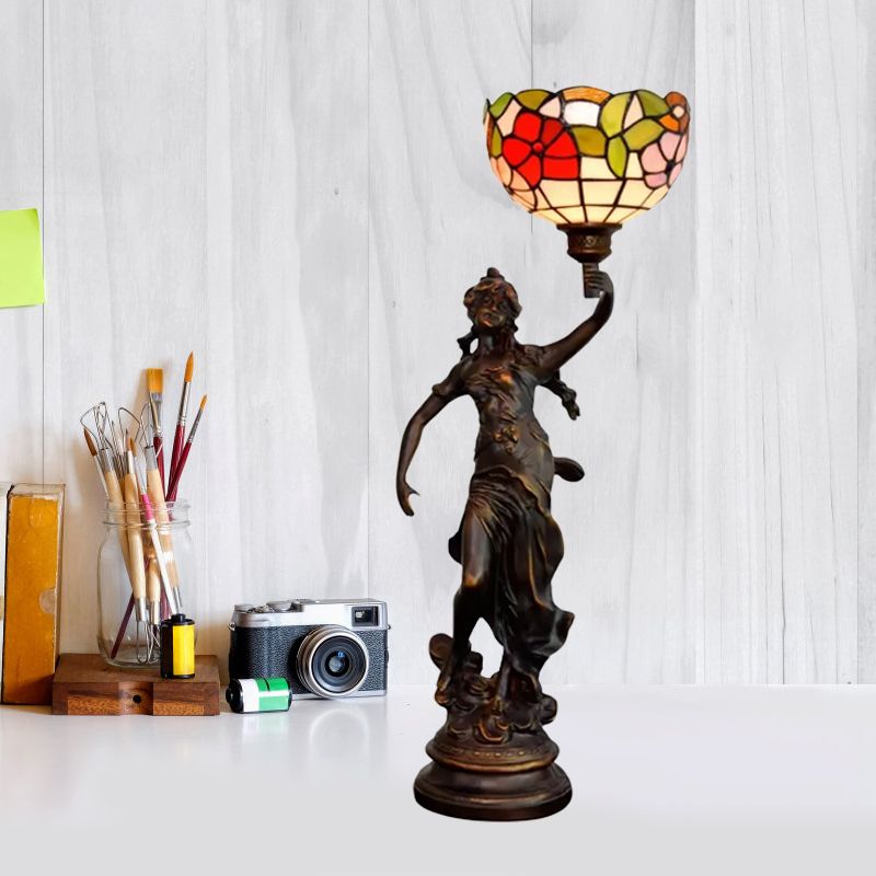 Resin Torchiere Table Light Tiffany 1 Bulb Bronze Nightstand Lamp with Red-Yellow/Blue/Red Flower Glass Shade