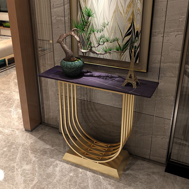 Glam Style Stone Top Console Table with Iron Pedestal Base for Hall