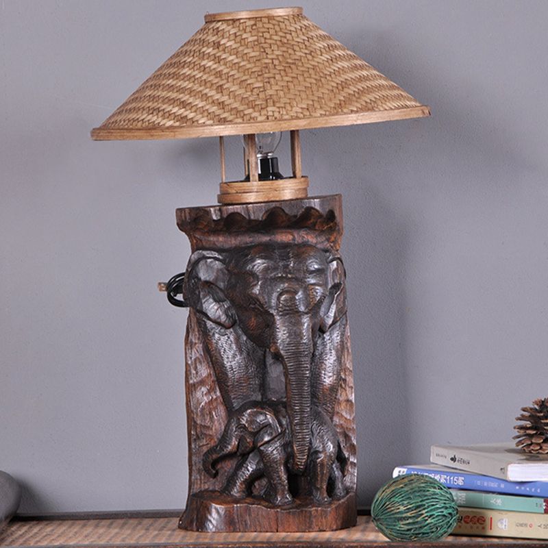 Bamboo Wide Flare Task Light Asia 1 Head Beige Small Desk Lamp with Wood Elephant