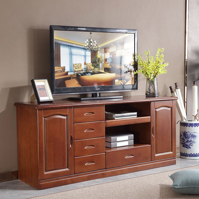 Modern TV Stand Rubber Wood Open Storage TV Console with Drawers and Doors