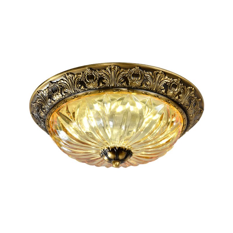 Antiqued Brass Bowl Ceiling Lamp Traditional Carved Glass Corridor Flush Mount Light Fixture