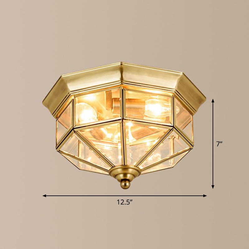 Octagonal Foyer Flush Ceiling Light Antique Glass 3-Bulb Brass Finish Flushmount Lighting