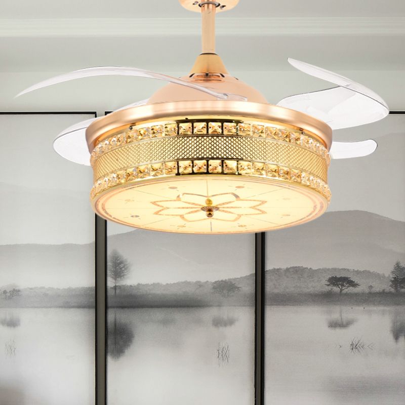 Cut Crystal Gold Semi Flush Mount Light Drum 4 Blades 42.5" Wide Modernist LED Ceiling Fan