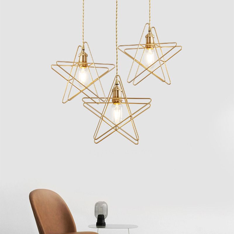 Gold Star Cage Multi Ceiling Light Simplicity Metal 3 Bulbs Dining Room Hanging Light