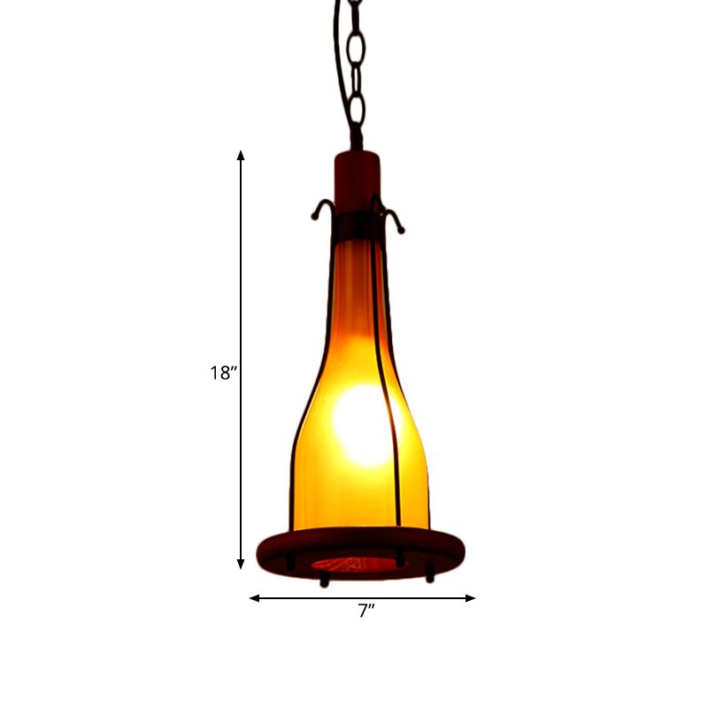 Brown 1 Head Ceiling Pendant Warehouse Yellow Glass Bottle Hanging Light Kit with Wood Tray Design