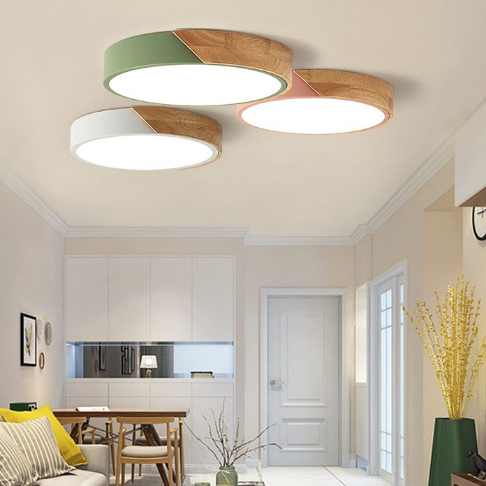 Moderne Nordic LED Macaron Ceiling Light Wrought Iron circulaire Flush Mount avec Acrylic Shade