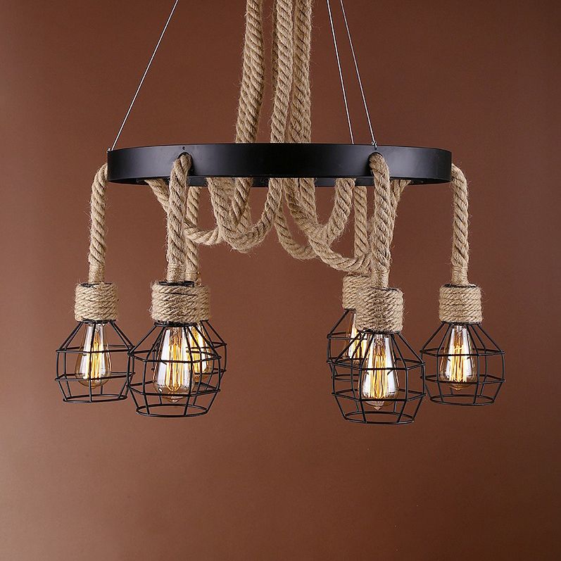 4/6 Bulbs Dome Cage Ceiling Light Retro Style Brown Rope and Metal Chandelier Pendant Light for Hallway