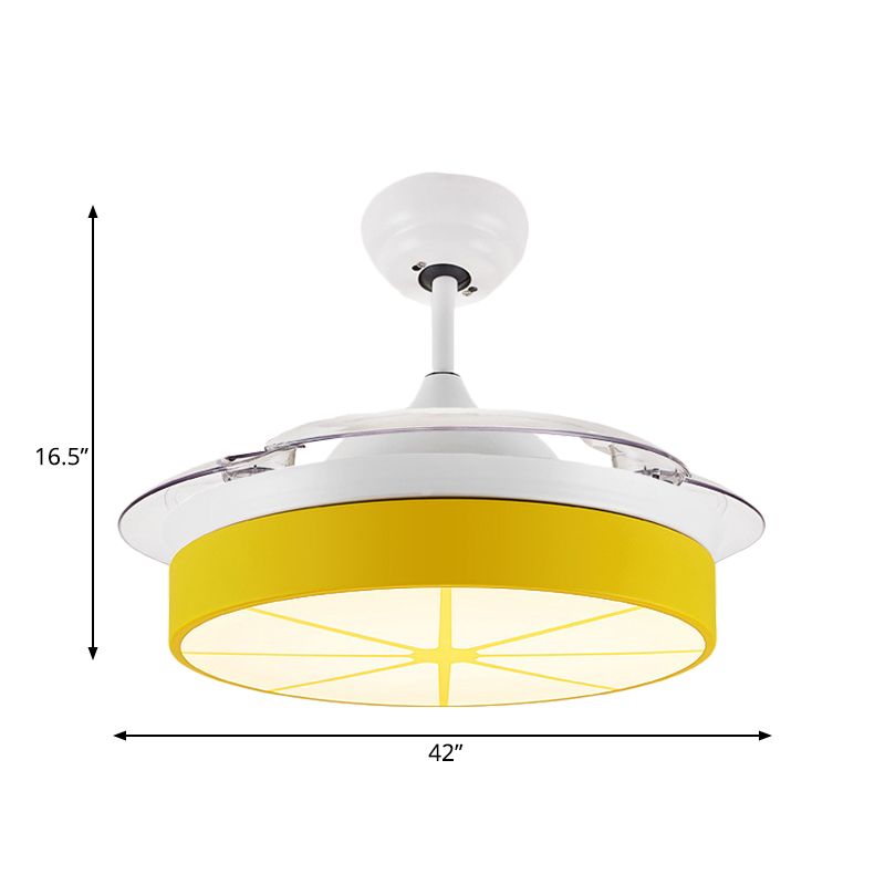 Minimalist Round Semi Flushmount Acrylic Bedroom LED Hanging Fan Light Fixture in Yellow with 3 Clear Blades, 42" Wide